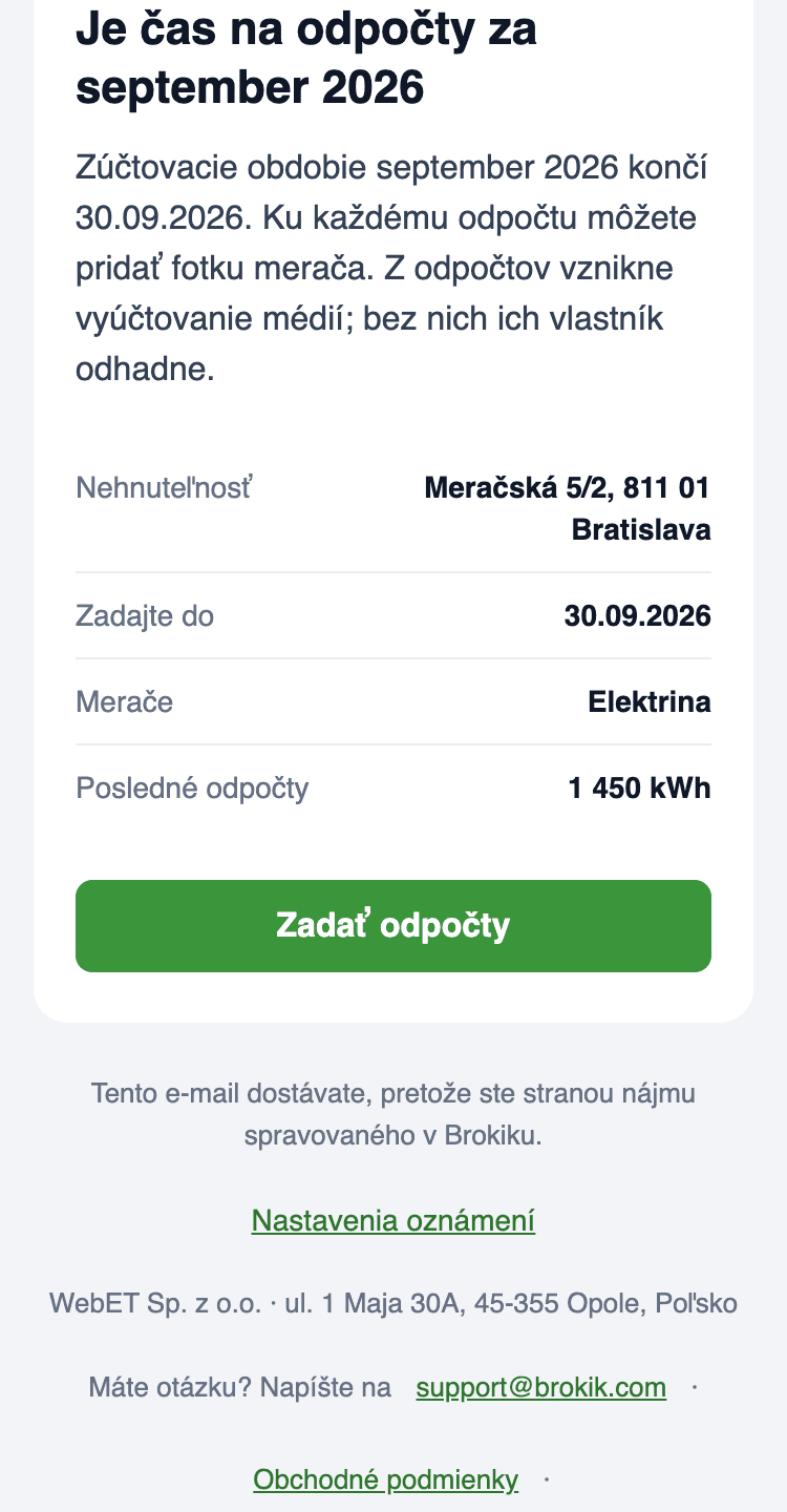 E-mail Čas na odpočty v mobile: jednotka Meračská 5/2, 811 01 Bratislava, termín 30.09.2026, merače Elektrina, posledný odpočet 1 450 kWh a tlačidlo Zadať odpočty.