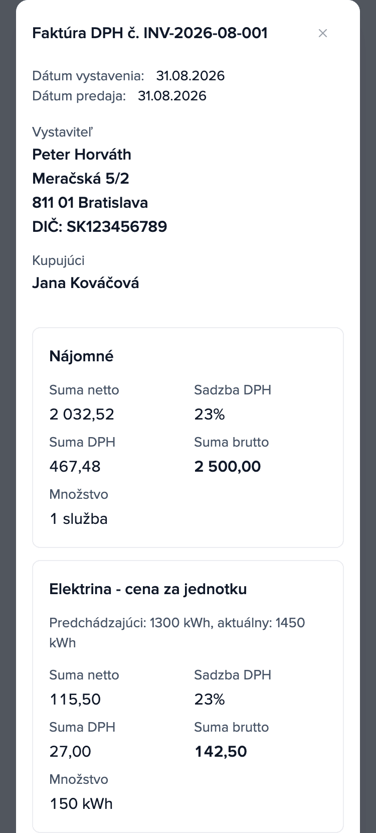 Vyúčtovanie za august 2026 v mobile nájomcu, faktúra INV-2026-08-001: nájomné 2 500,00 € a položka „Elektrina - cena za jednotku”: 150 kWh, spolu 142,50 €.