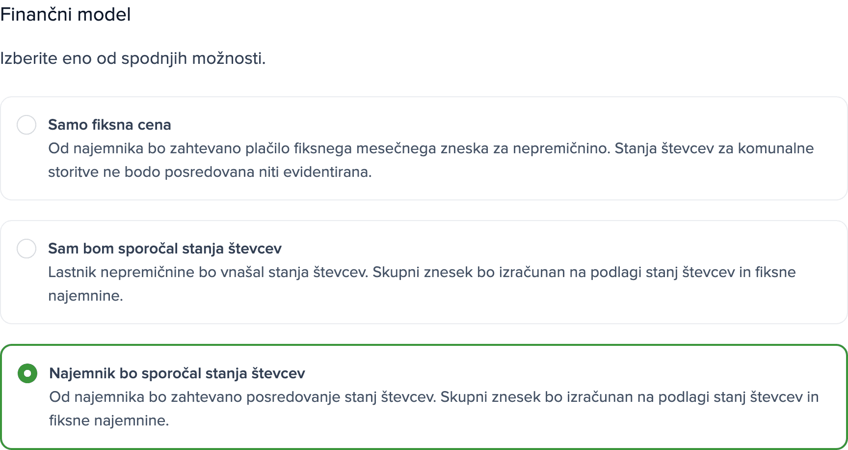 Nastavitve števcev nepremičnine: razdelek Finančni model z izbrano možnostjo Najemnik bo sporočal stanja števcev.