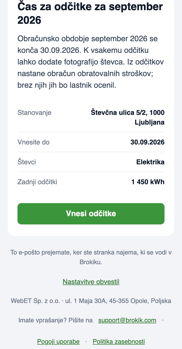 E-pošta Čas za odčitke na telefonu: enota Števčna ulica 5/2, 1000 Ljubljana, rok 30.09.2026, števci Elektrika, zadnji odčitek 1 450 kWh in gumb Vnesi odčitke.