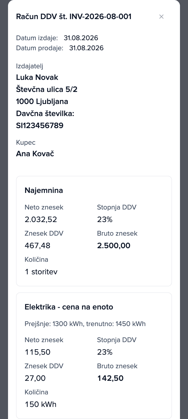 Obračun za avgust 2026 na telefonu najemnika, račun INV-2026-08-001: najemnina 2.500,00 € in postavka „Elektrika - cena na enoto”: 150 kWh, skupaj 142,50 €.
