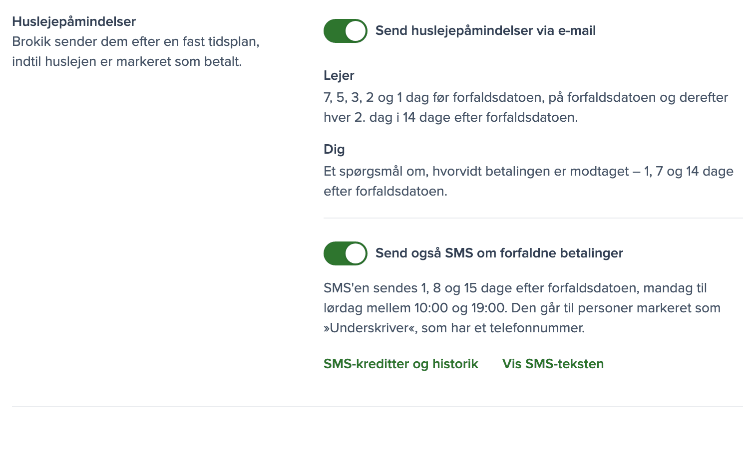 Indstillinger for huslejepåmindelser med SMS-kontakten slået til