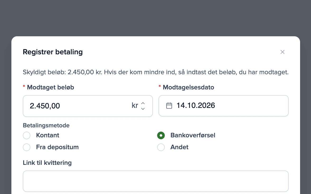 Dialog til at markere en huslejebetaling som betalt