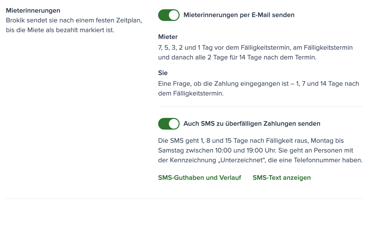 Erinnerungseinstellungen mit eingeschaltetem SMS-Schalter