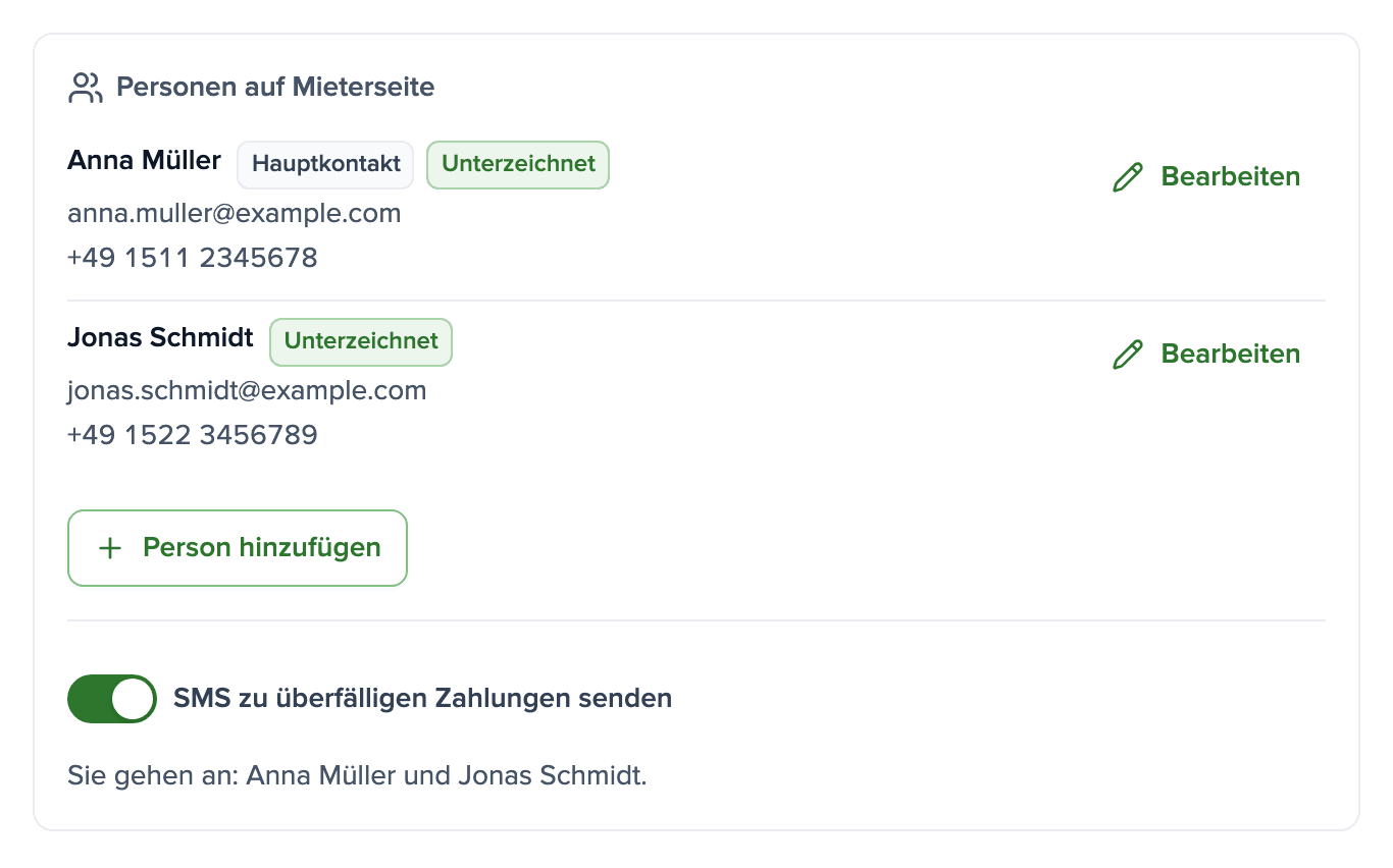 Mieterkarte mit zwei Unterzeichnenden, ihren Telefonnummern und dem SMS-Schalter
