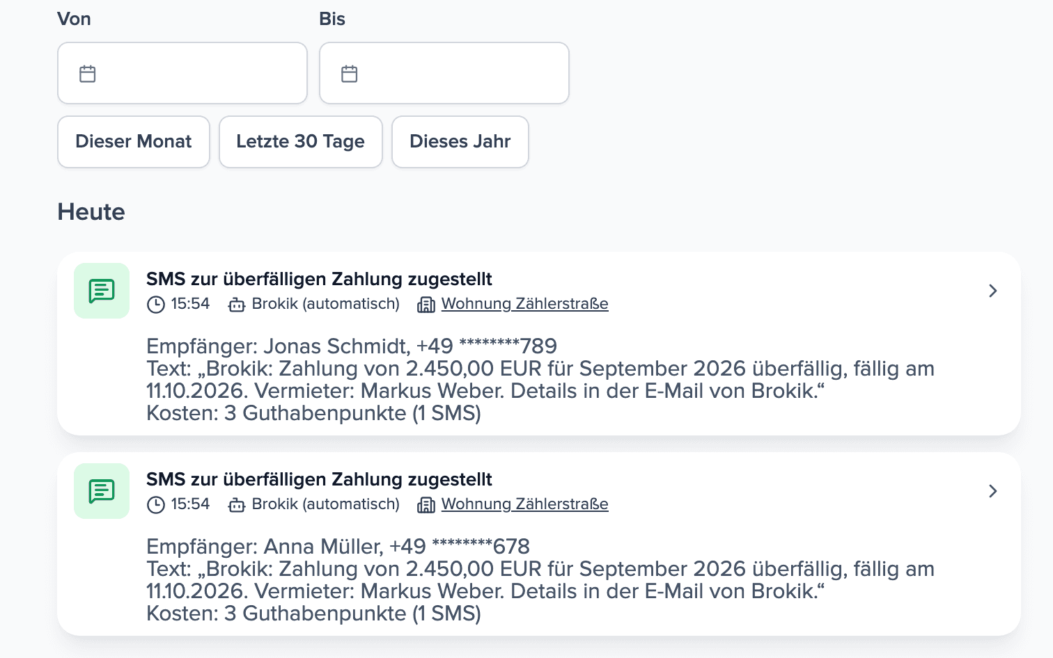 Aktivität der Immobilie mit zwei aufgeklappten SMS zu überfälligen Zahlungen, zugestellt an zwei Personen