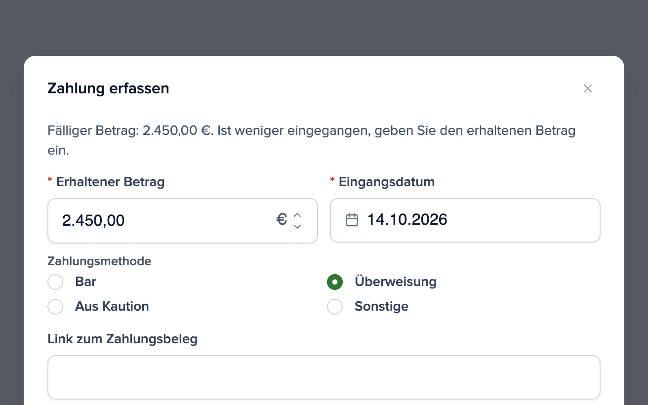 Dialog zum Markieren einer Mietzahlung als bezahlt
