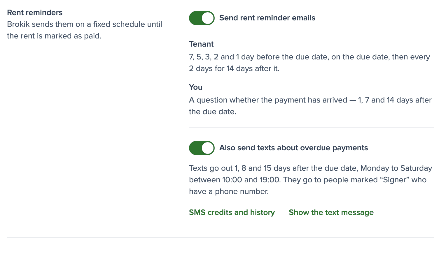 Rent reminder settings with the text message switch on