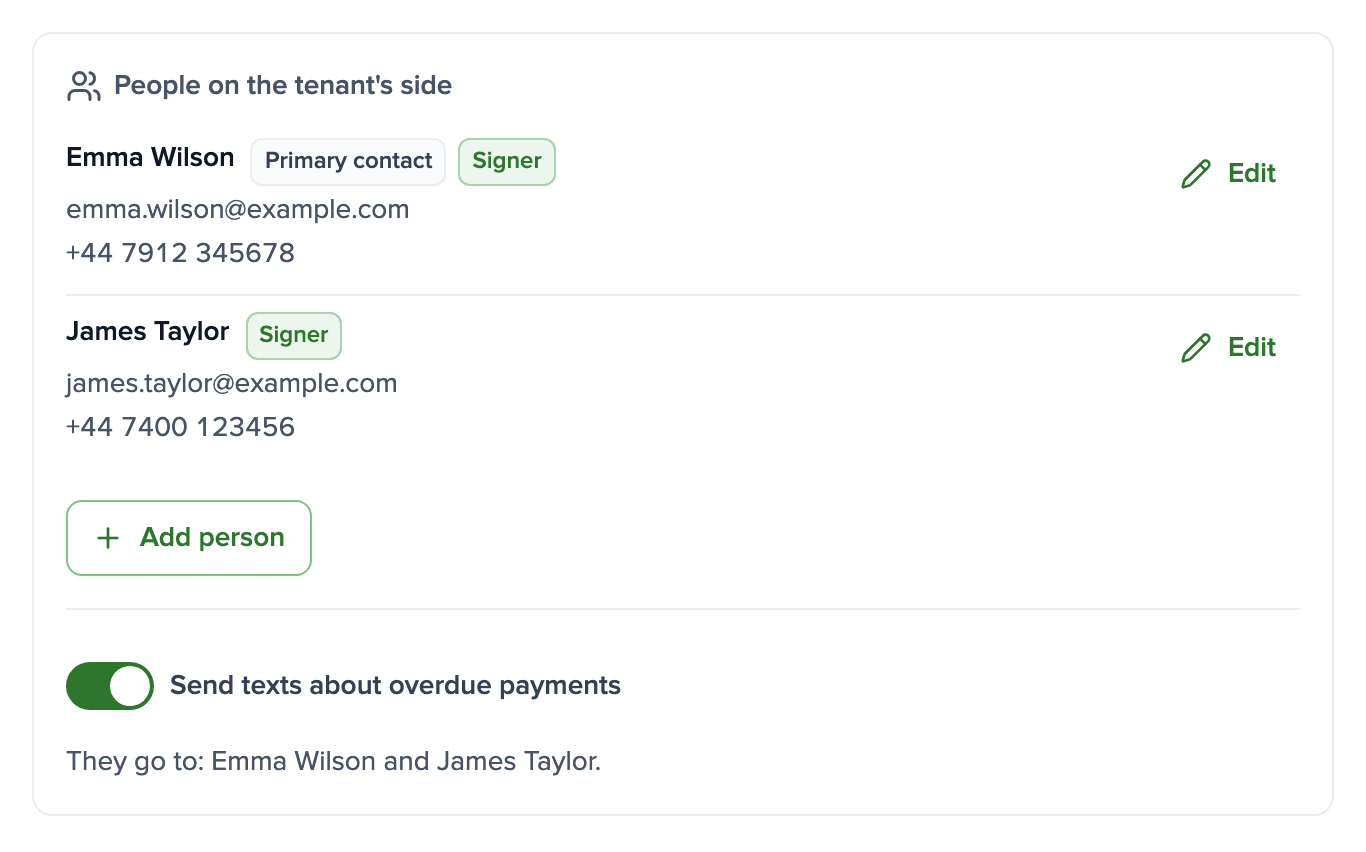 Tenant card with two signatories, their phone numbers and the text message switch