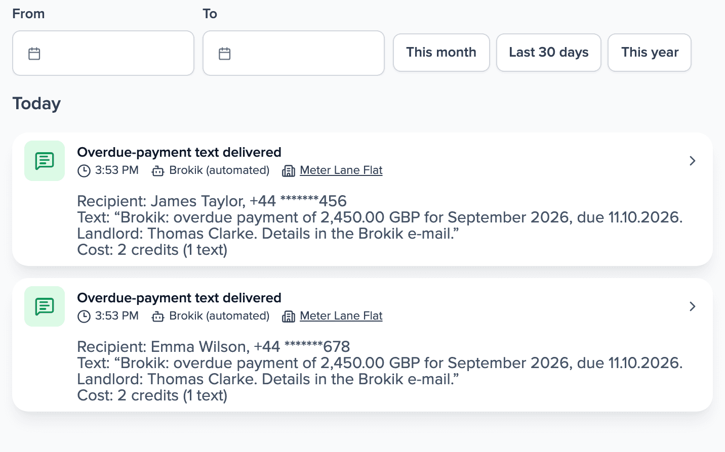 Property activity with two expanded overdue-payment texts, delivered to two people