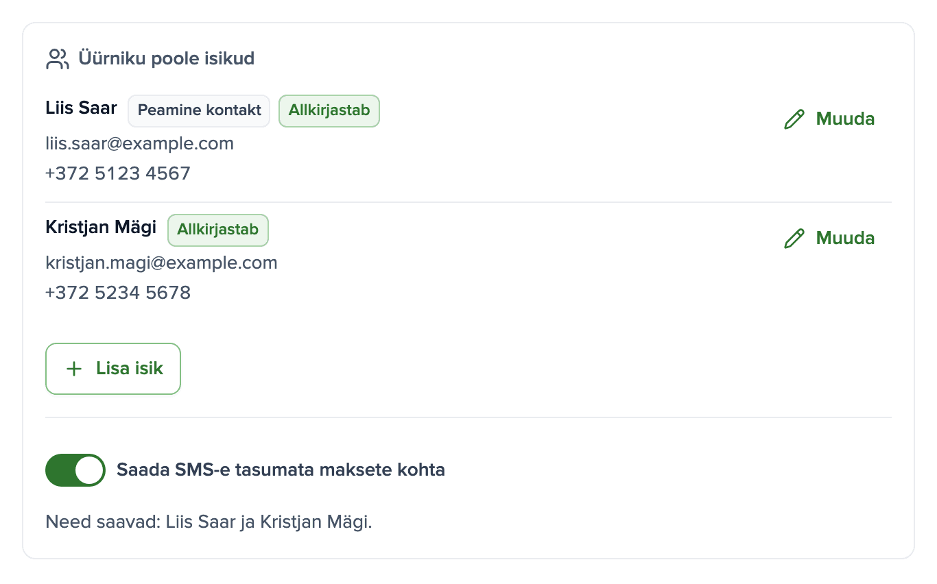 Üürniku kaart kahe allkirjastaja, nende telefoninumbrite ja SMS-lülitiga