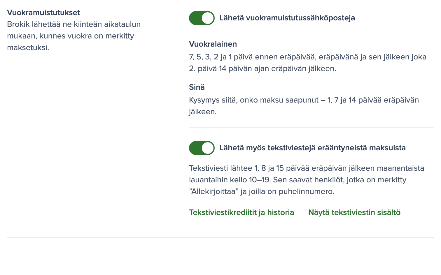 Vuokramuistutusten asetukset tekstiviestikytkin päällä