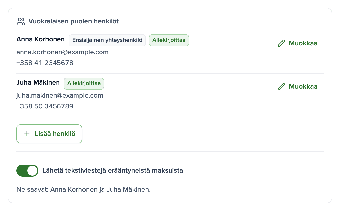 Vuokralaisen kortti, jossa kaksi allekirjoittajaa, heidän puhelinnumeronsa ja tekstiviestikytkin