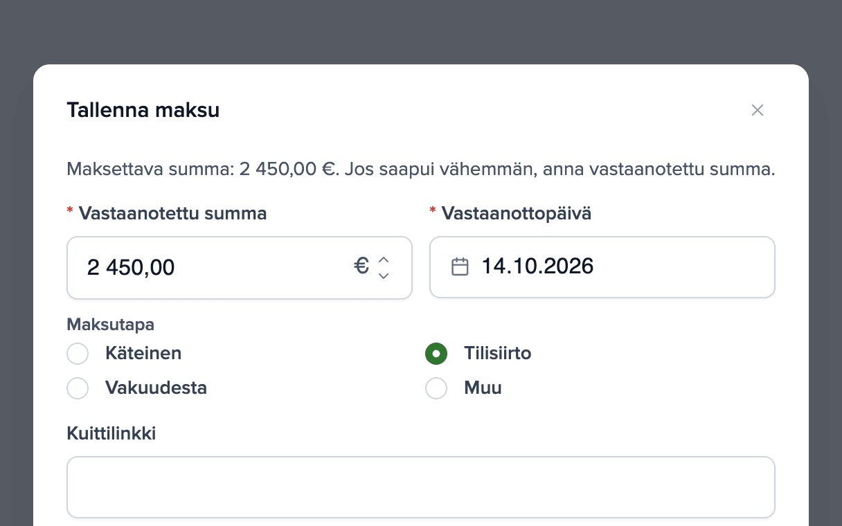Ikkuna vuokramaksun merkitsemiseksi maksetuksi