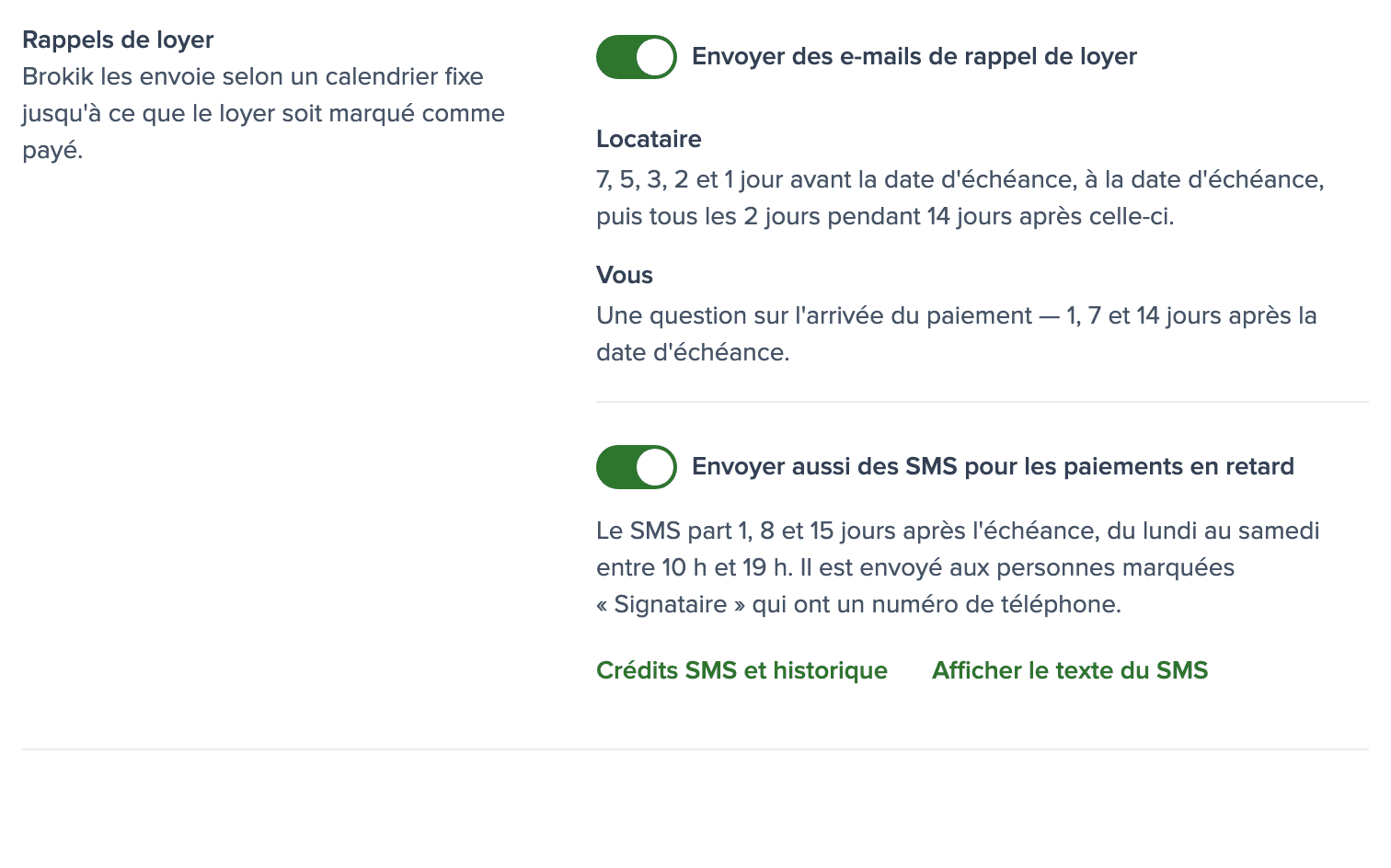 Réglages des rappels de loyer avec l’interrupteur SMS activé