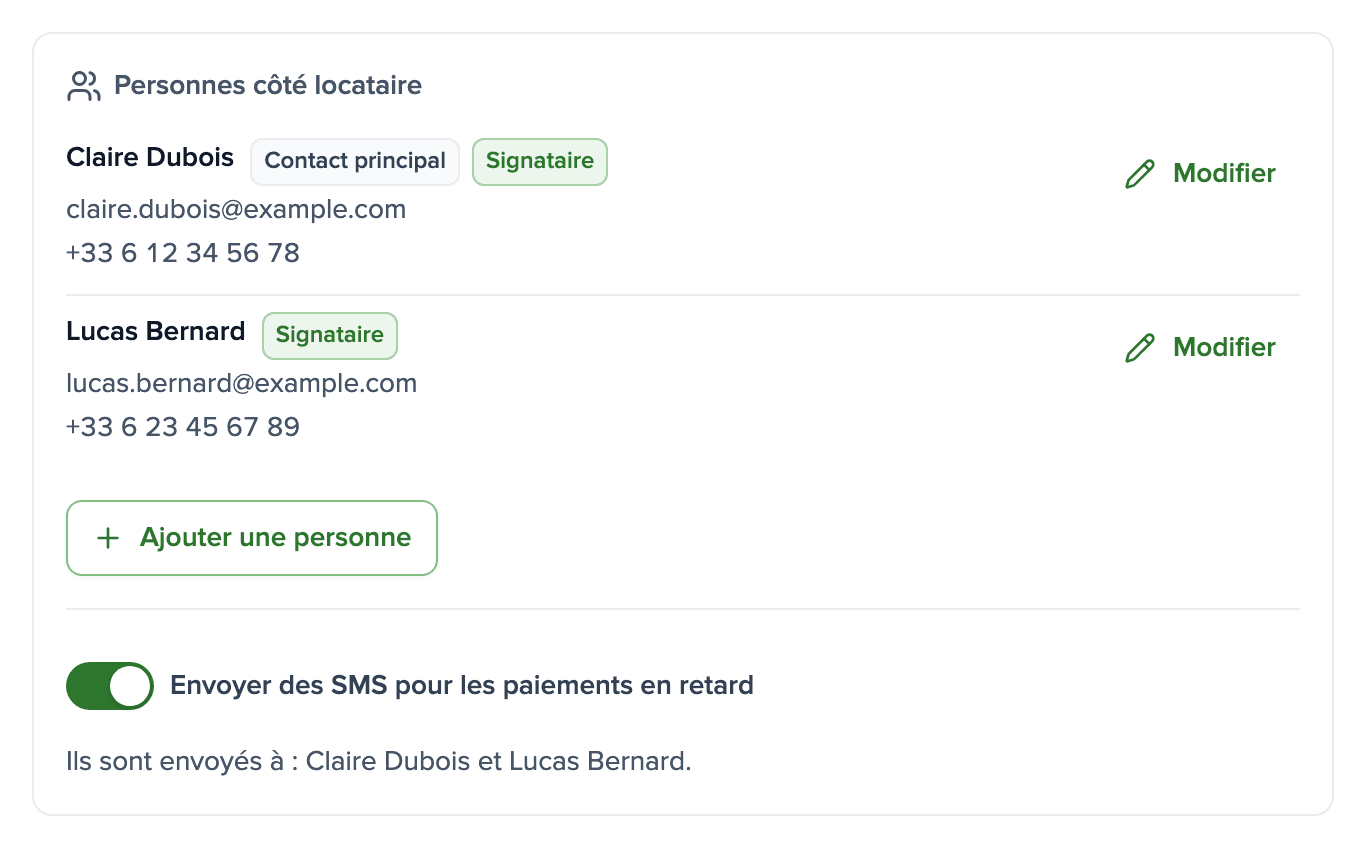Fiche du locataire avec deux signataires, leurs numéros de téléphone et l’interrupteur SMS