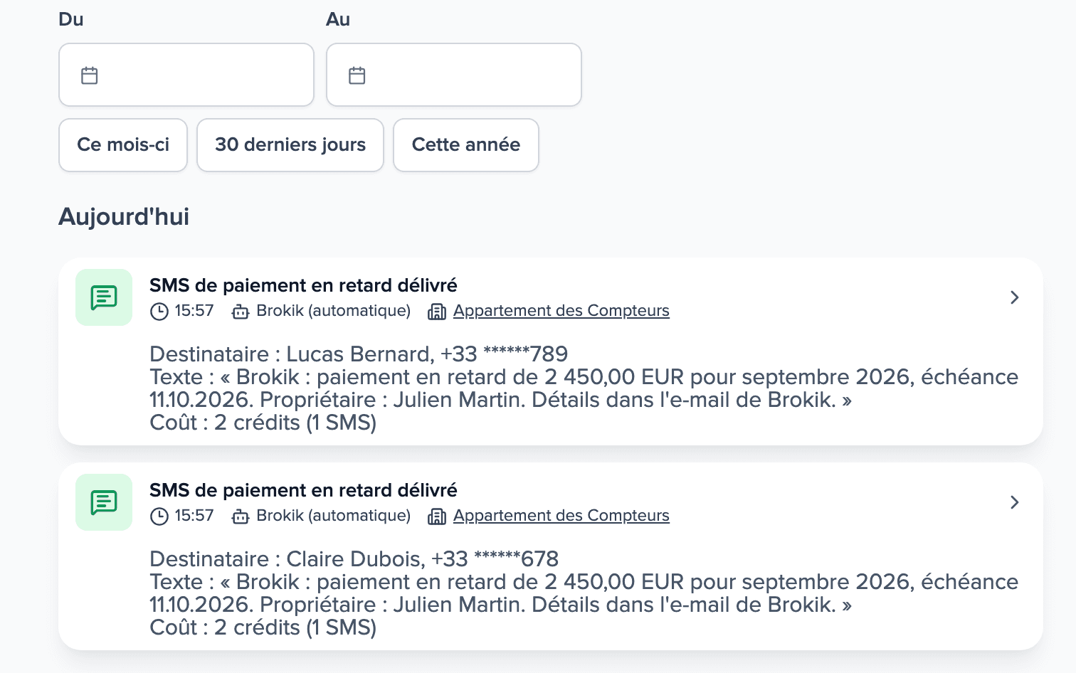 Activité du bien avec deux SMS de paiement en retard dépliés, délivrés à deux personnes
