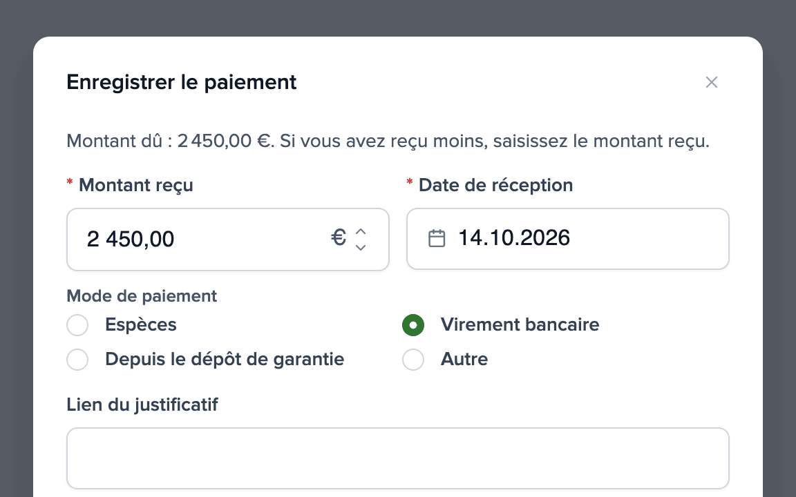 Boîte de dialogue pour marquer un paiement de loyer comme payé