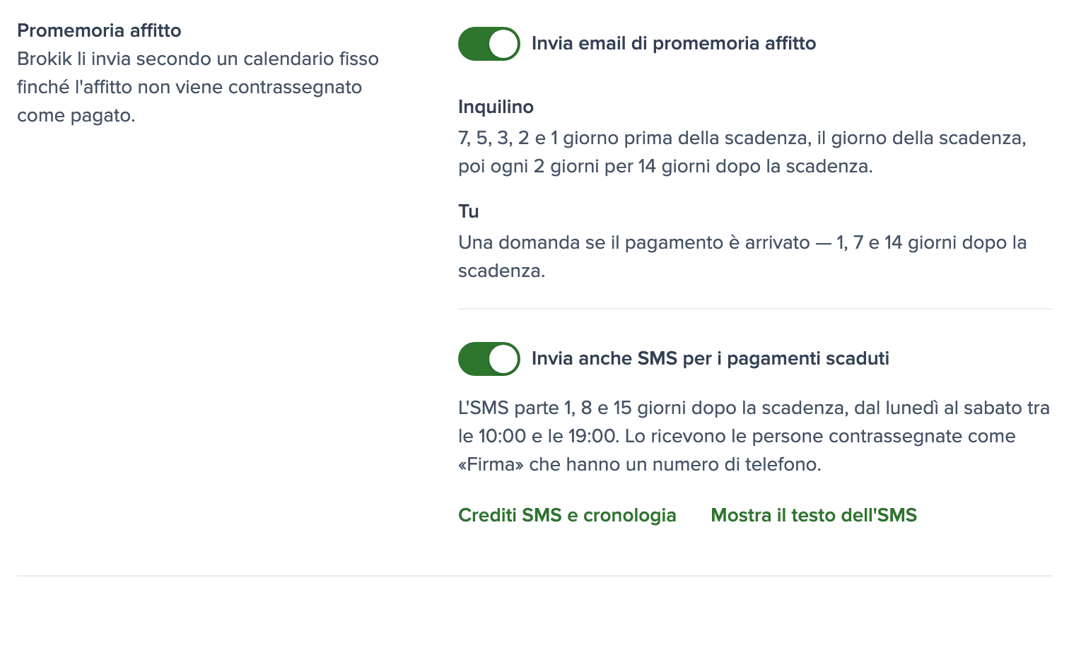 Impostazioni dei promemoria affitto con l'interruttore SMS attivo
