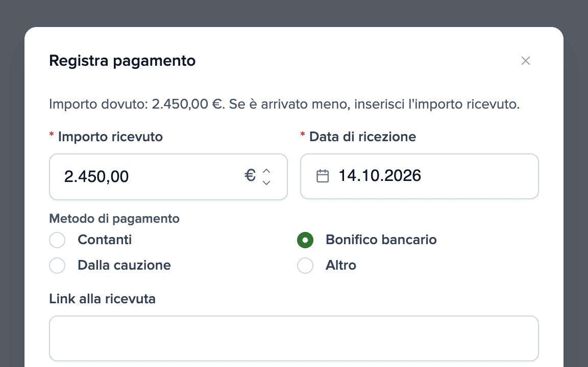Finestra per segnare un pagamento dell'affitto come pagato