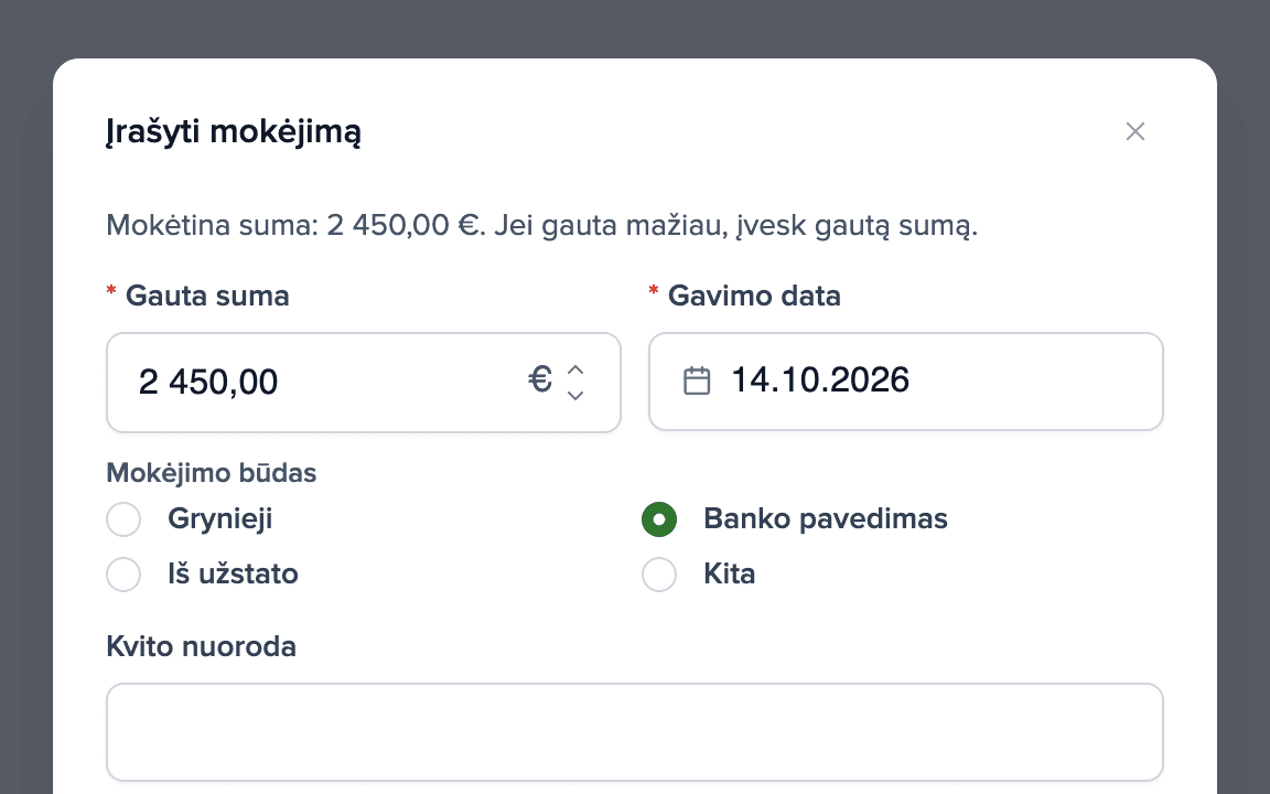 Dialogas nuomos mokėjimui pažymėti kaip sumokėtam