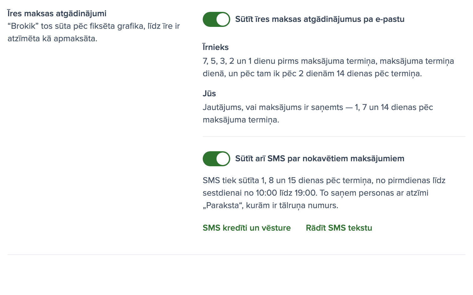 Īres maksas atgādinājumu iestatījumi ar ieslēgtu SMS slēdzi