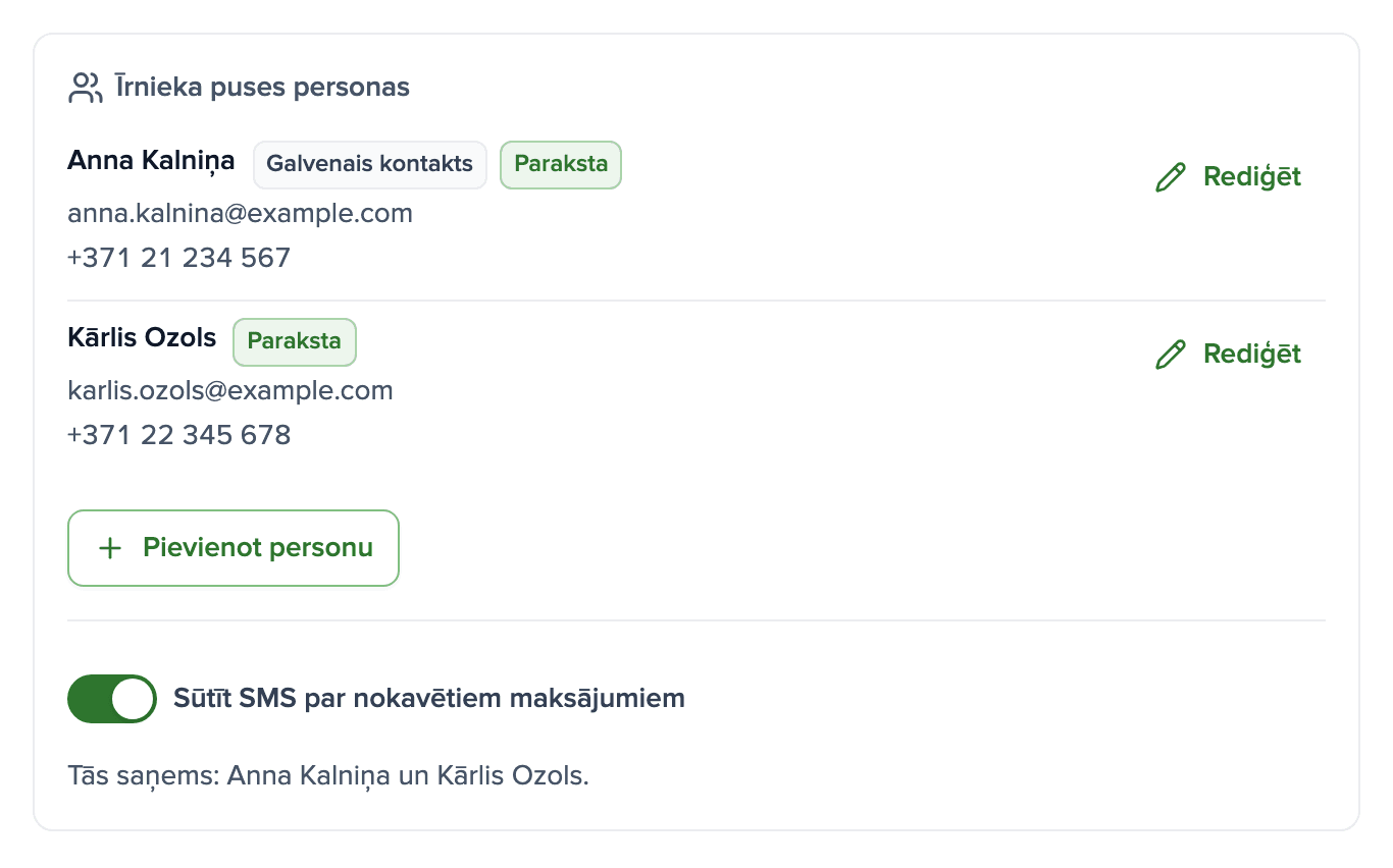Īrnieka kartīte ar diviem parakstītājiem, viņu tālruņa numuriem un SMS slēdzi