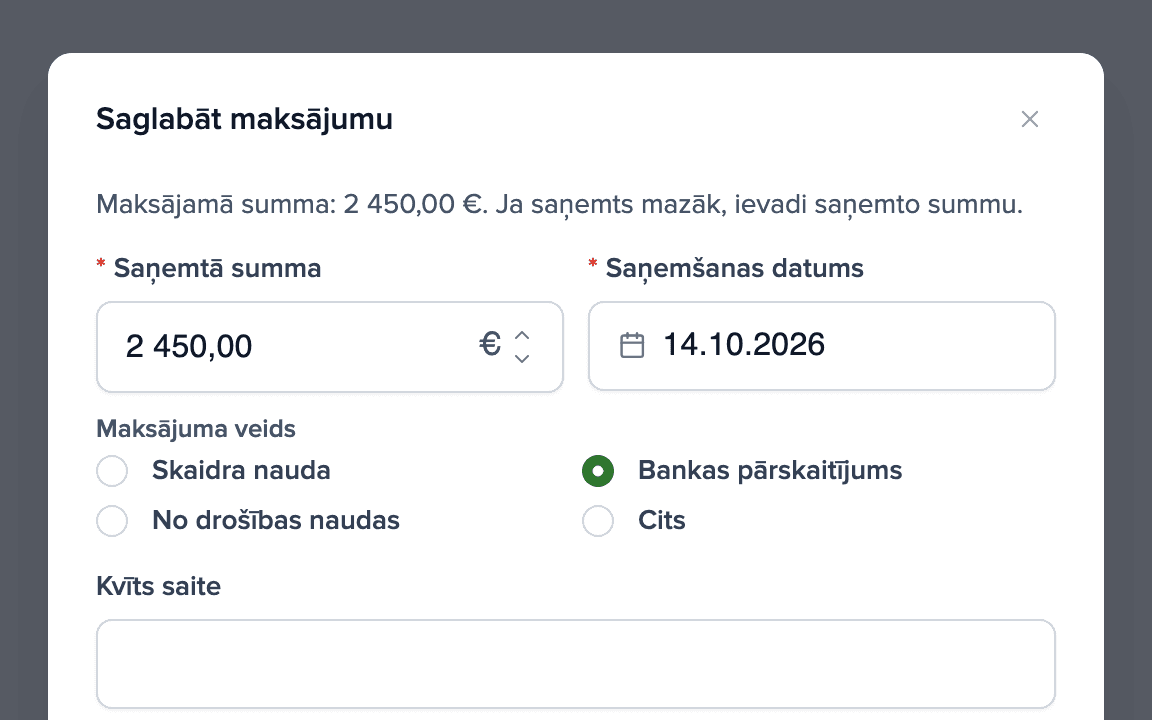 Dialogs īres maksājuma atzīmēšanai kā samaksātam