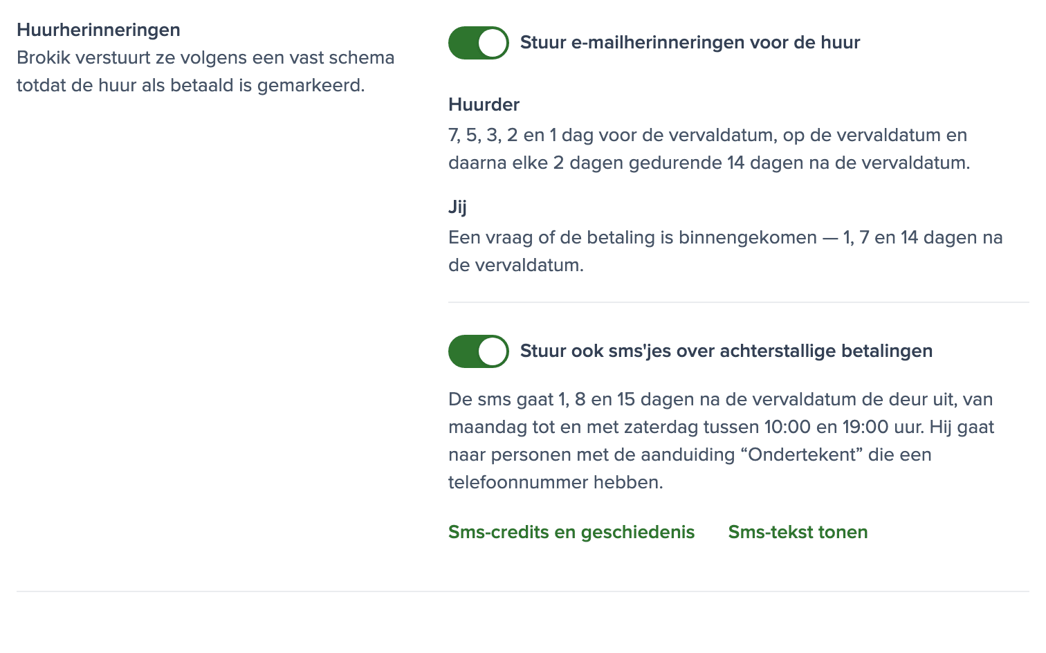 Instellingen voor huurherinneringen met de sms-schakelaar aan