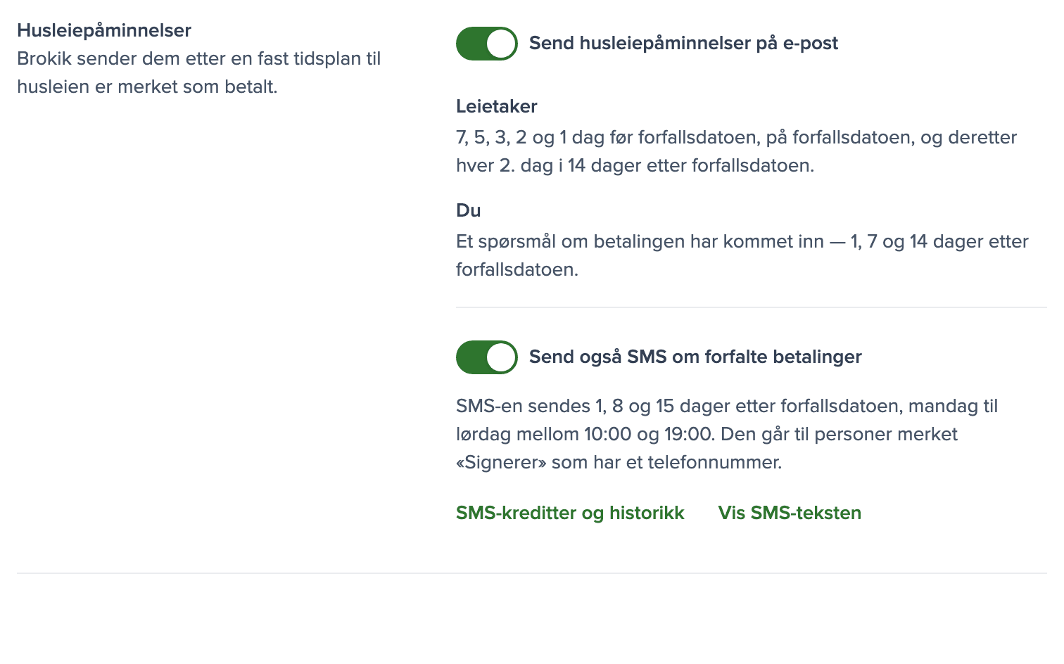 Innstillinger for husleiepåminnelser med SMS-bryteren slått på