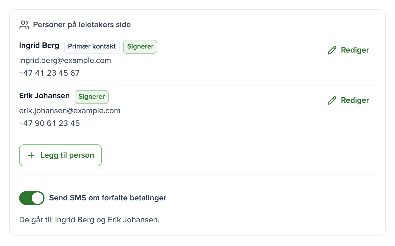 Leietakerkort med to som signerer, telefonnumrene deres og SMS-bryteren