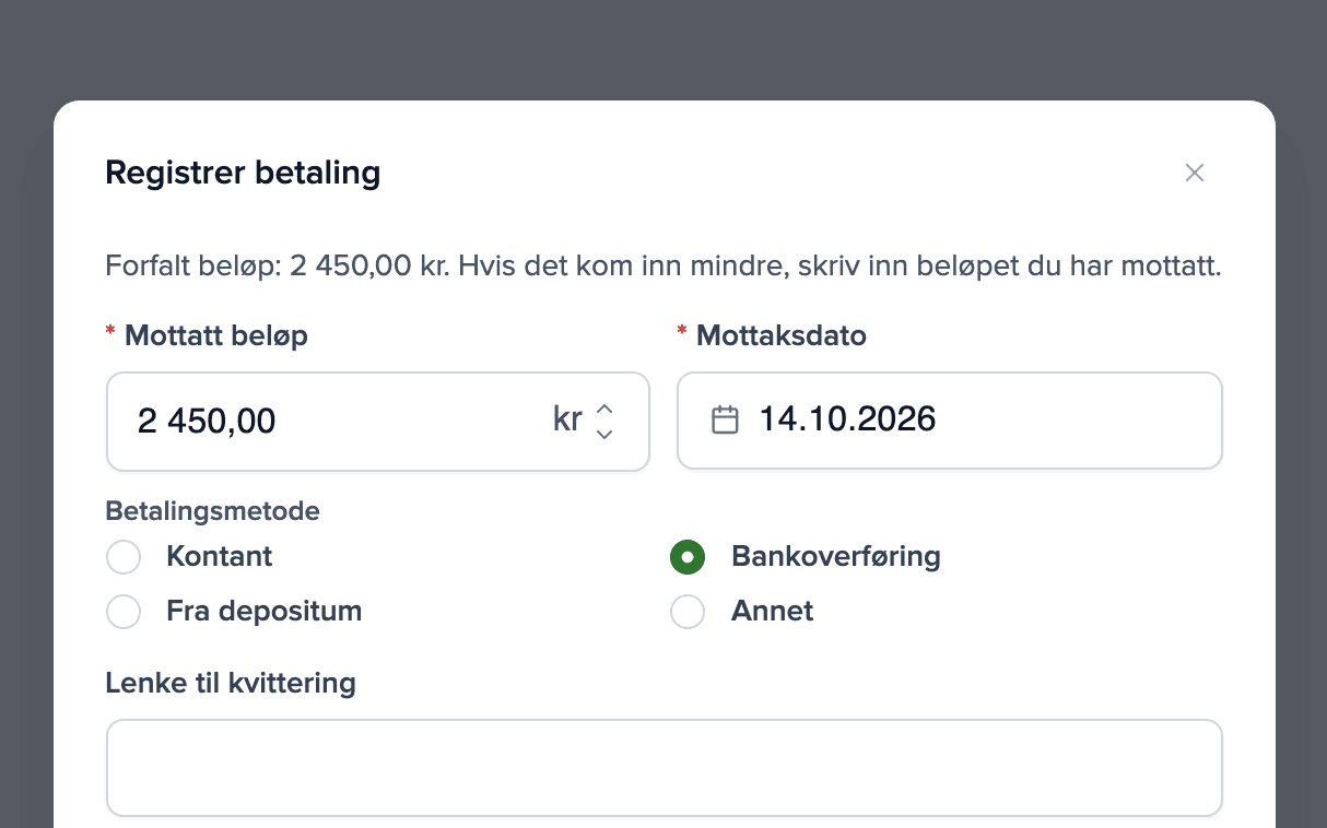 Dialog for å markere en husleiebetaling som betalt