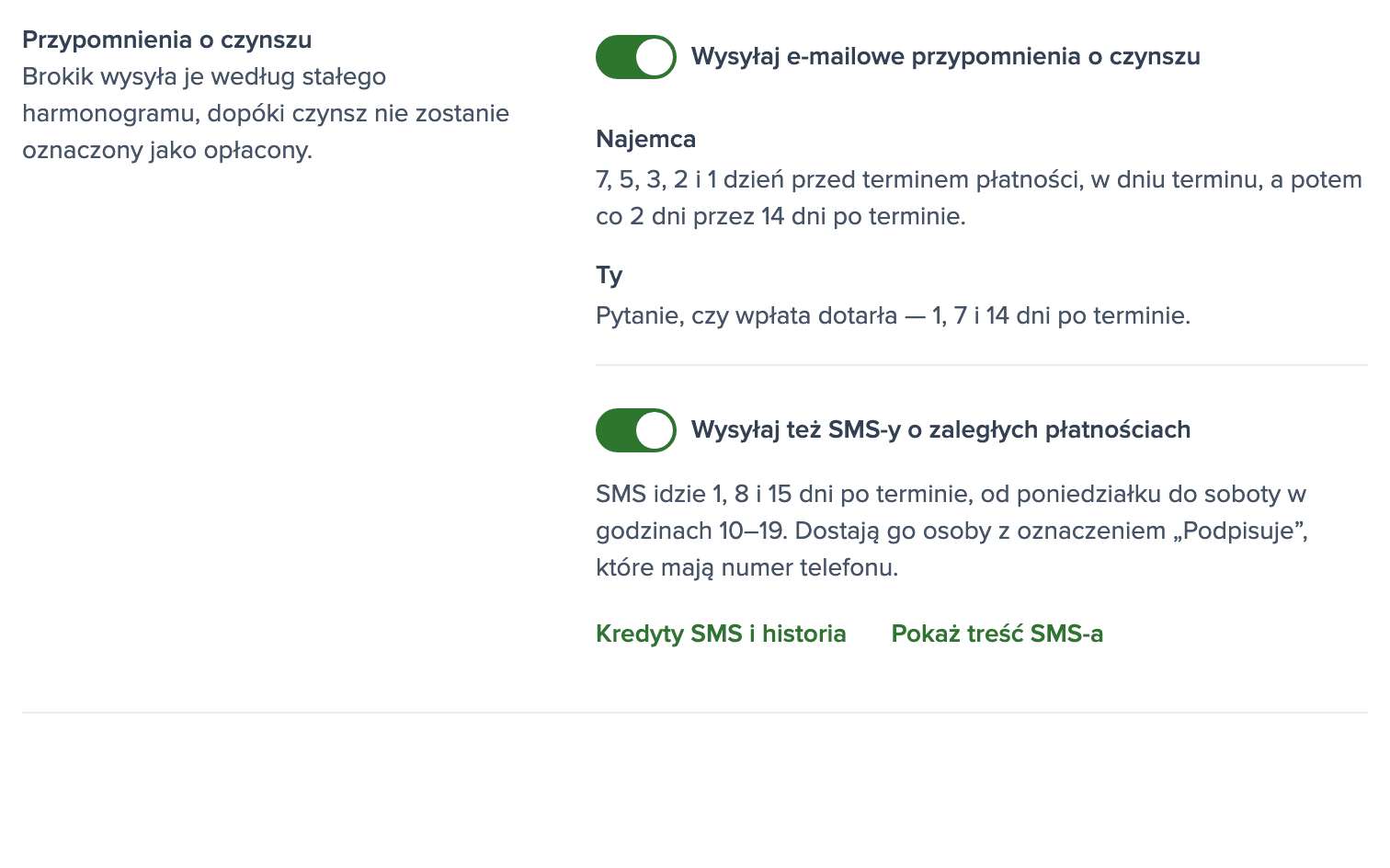 Ustawienia przypomnień o czynszu z włączonym przełącznikiem SMS