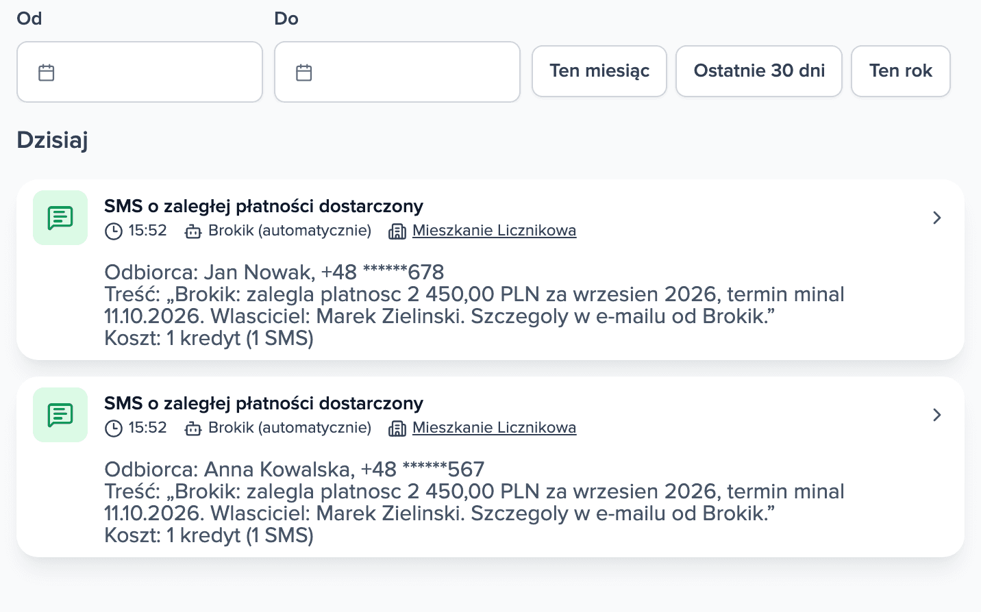 Aktywność nieruchomości z dwoma rozwiniętymi SMS‑ami o zaległej płatności, dostarczonymi do dwóch osób