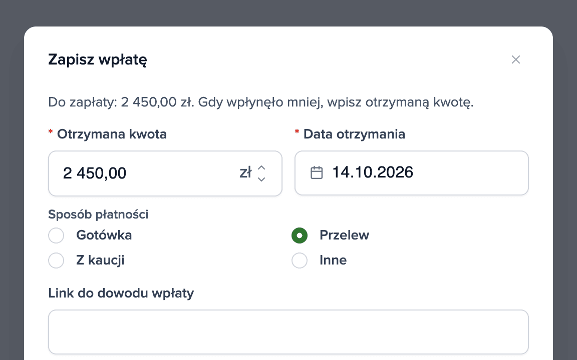 Okno oznaczania wpłaty czynszu jako opłaconej