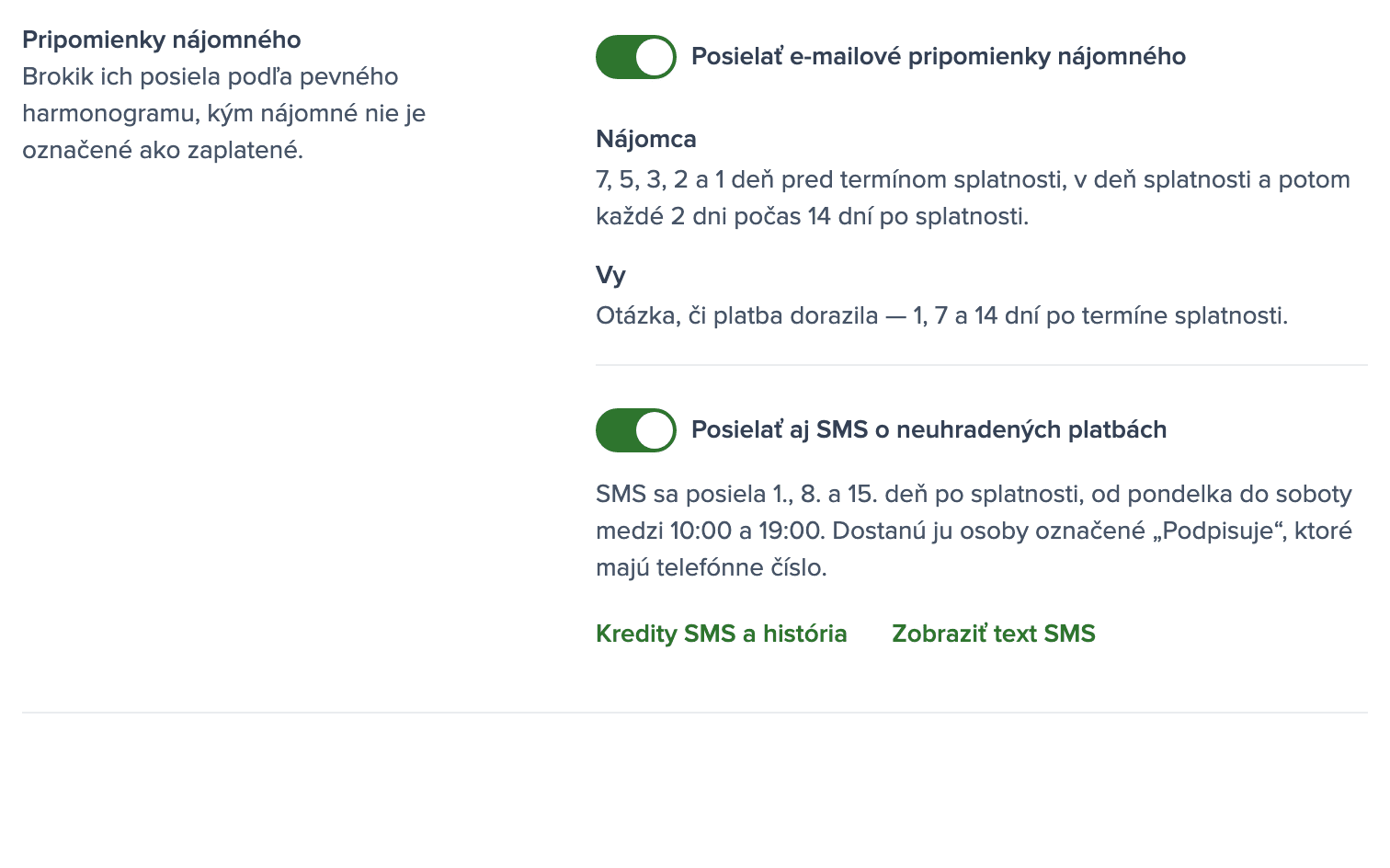 Nastavenia pripomienok nájomného so zapnutým prepínačom SMS