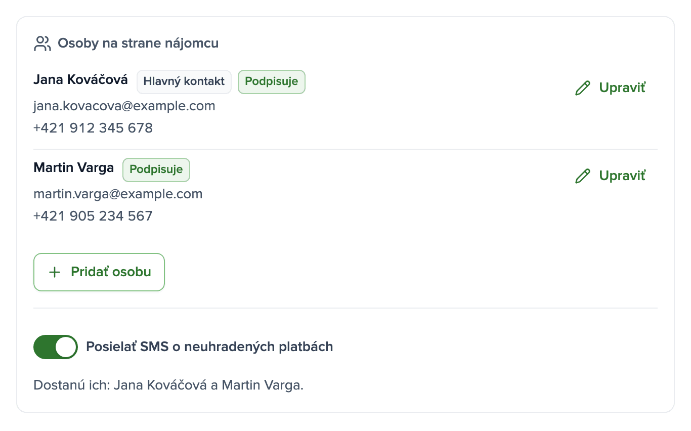 Karta nájomcu s dvoma podpisujúcimi, ich telefónnymi číslami a prepínačom SMS