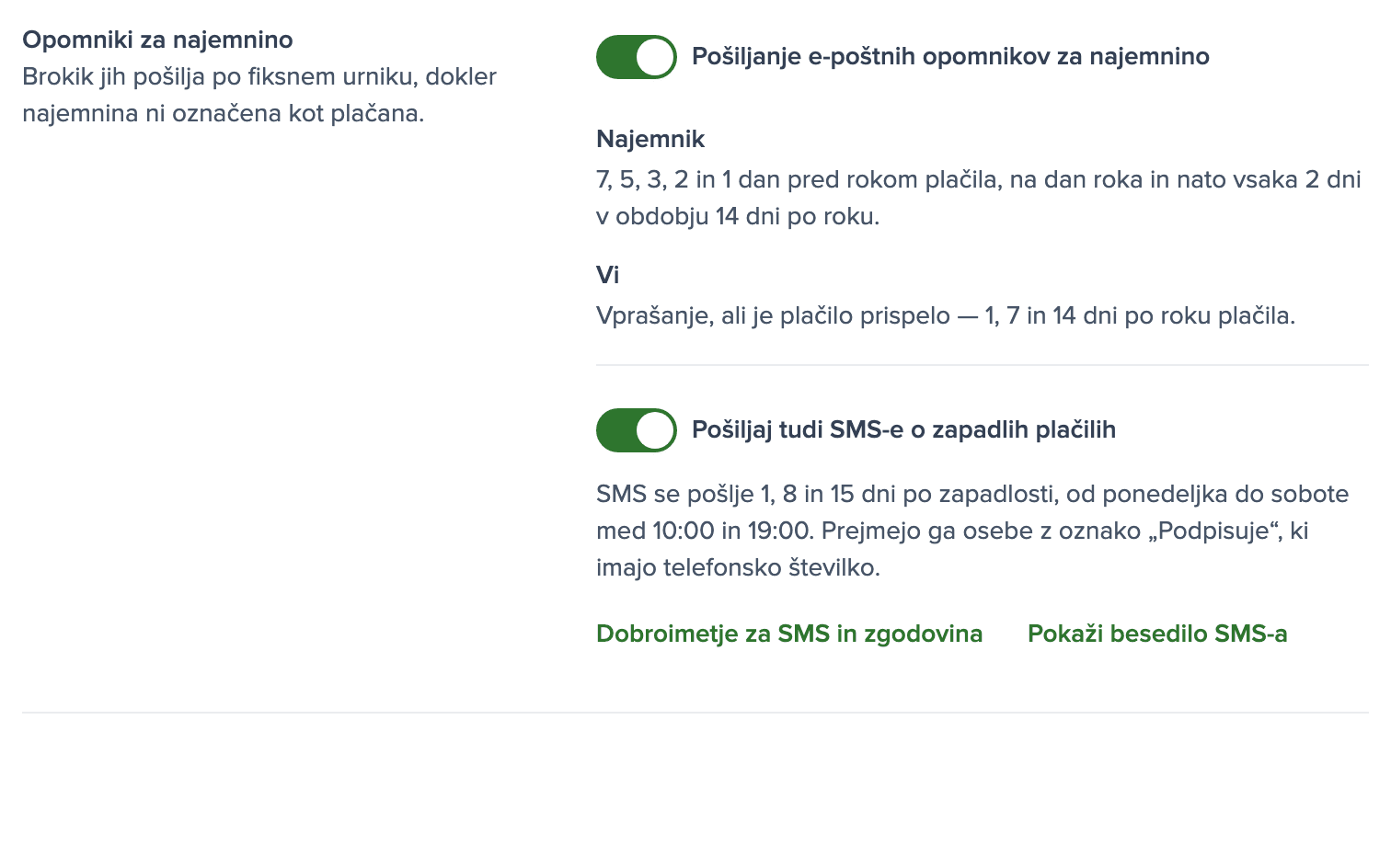 Nastavitve opomnikov za najemnino z vklopljenim stikalom za SMS