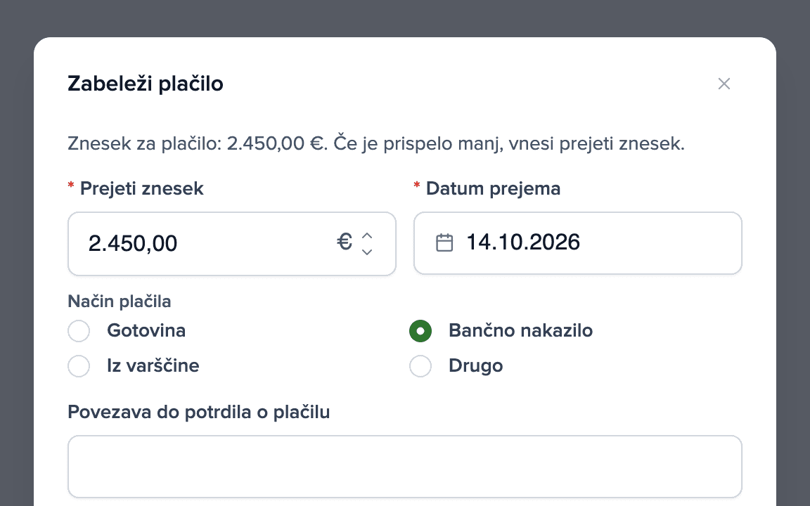 Pogovorno okno za označitev plačila najemnine kot plačanega