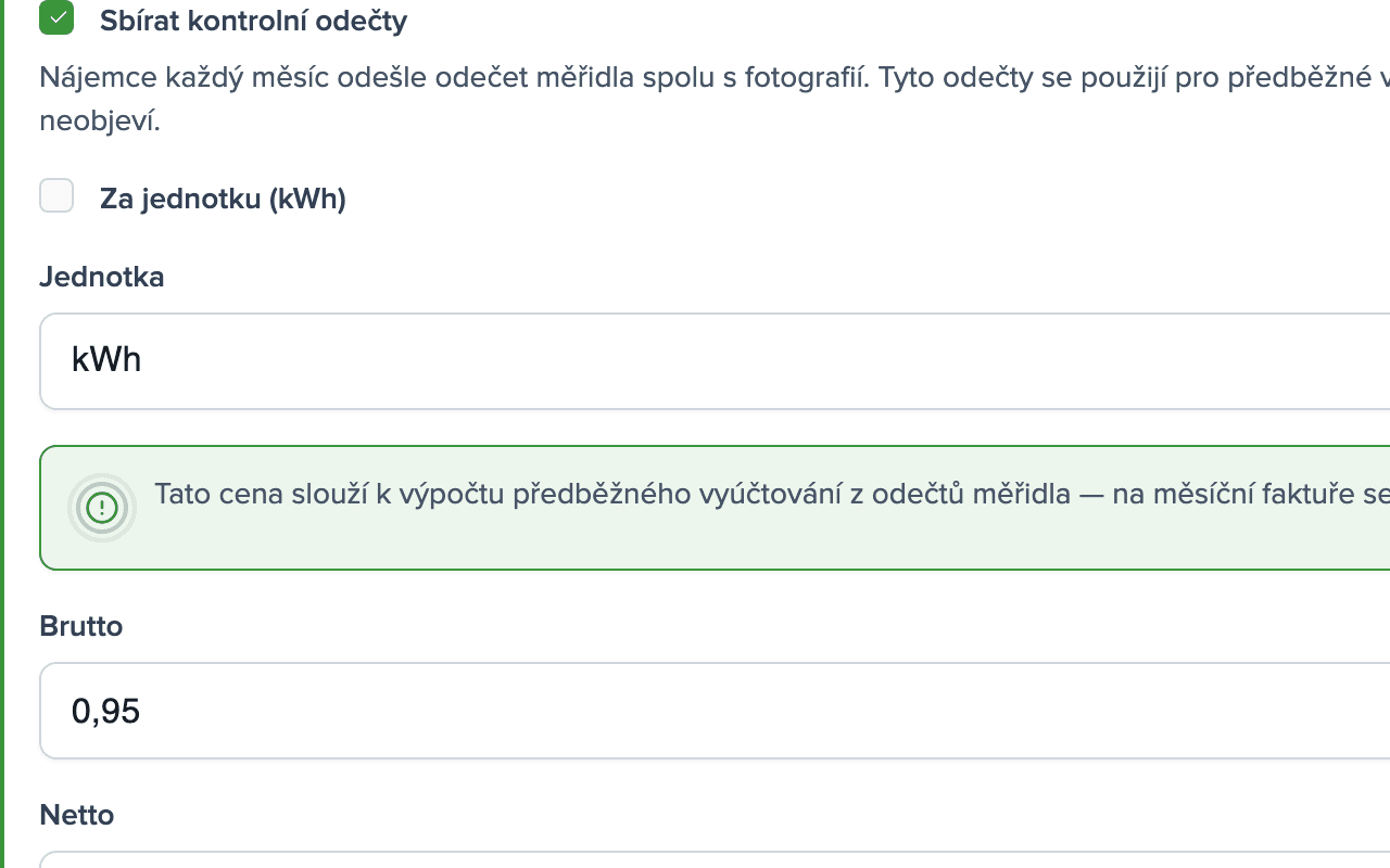 Nastavení média Elektřina: zapnuté kontrolní odečty, jednotka kWh, cena 0,95 Kč s DPH za kWh
