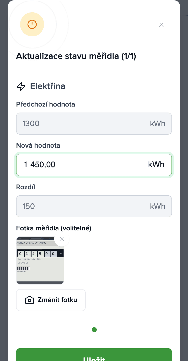 Dialog odečtu měřidla na telefonu: Elektřina, nová hodnota 1 450 kWh, přidaná fotka měřidla