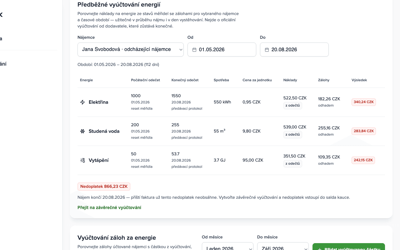 Panel Předběžné vyúčtování médií: tři média s odečty, náklady a zálohami, výsledek Nedoplatek 866,23 Kč a odkaz na konečné vyúčtování