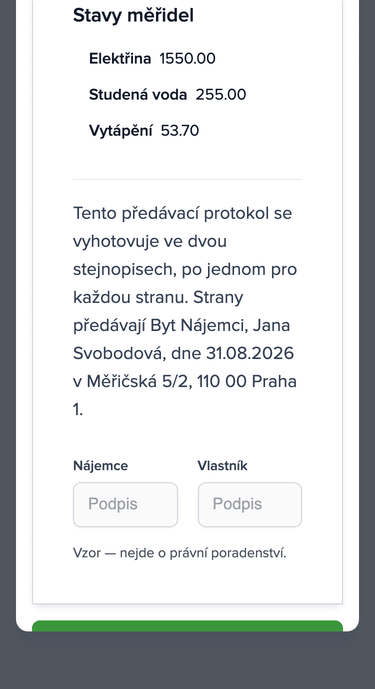 Předávací protokol na telefonu: sekce Stavy měřidel (elektřina, studená voda, vytápění) a prázdná pole podpisu nájemce a vlastníka