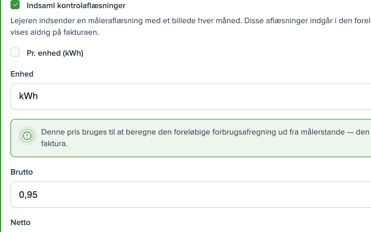 Indstillinger for forbrug El: kontrolaflæsninger slået til, enhed kWh, pris 0,95 DKK inkl. moms pr. kWh