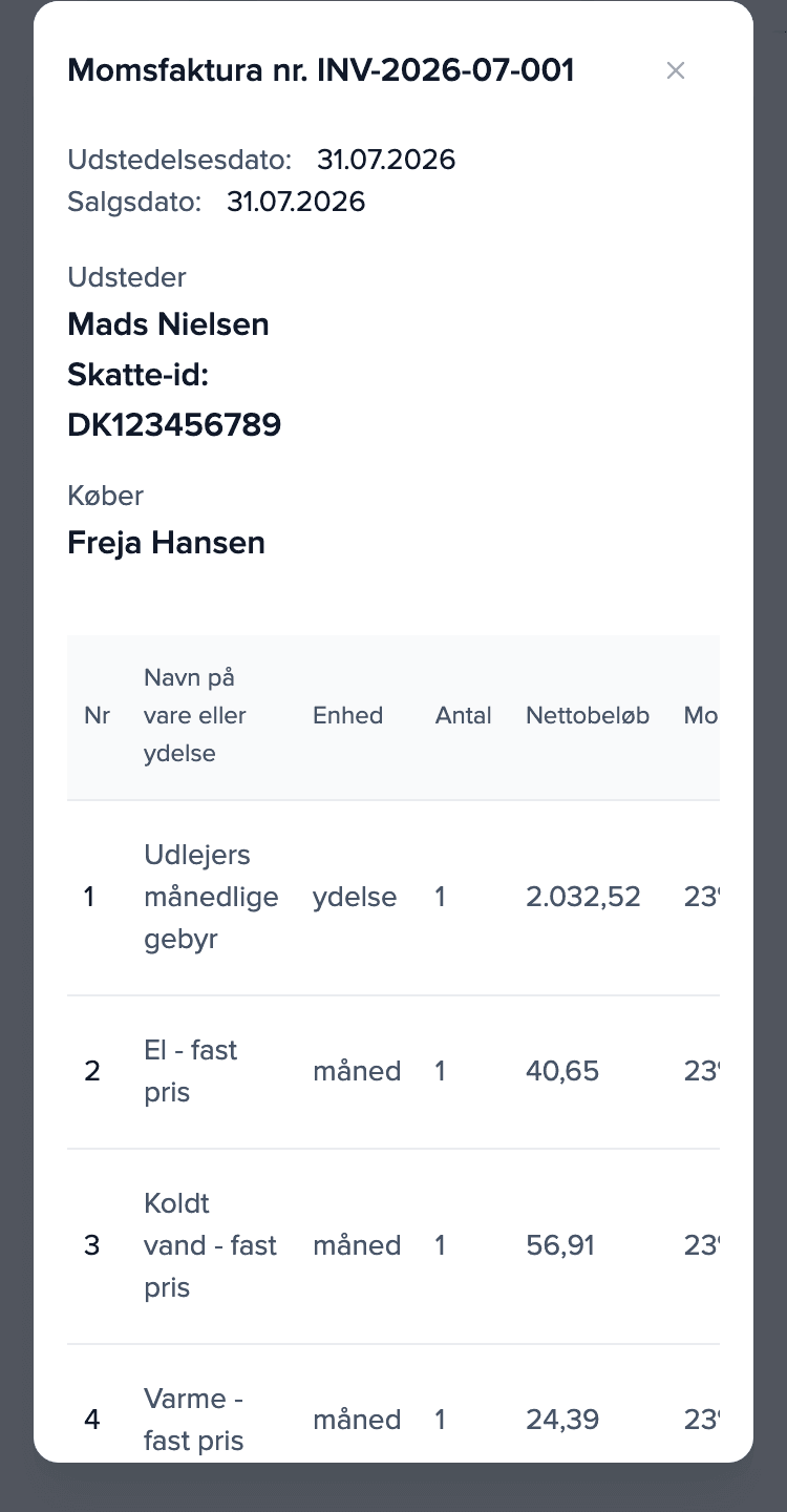 Lejerens faktura med posterne: husleje og aconto for el