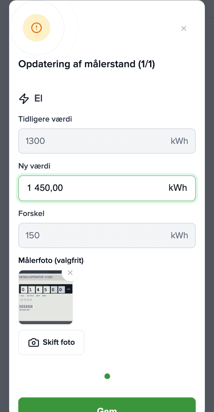 Dialog til måleraflæsning på telefonen: El, ny værdi 1.450 kWh, målerfoto tilføjet