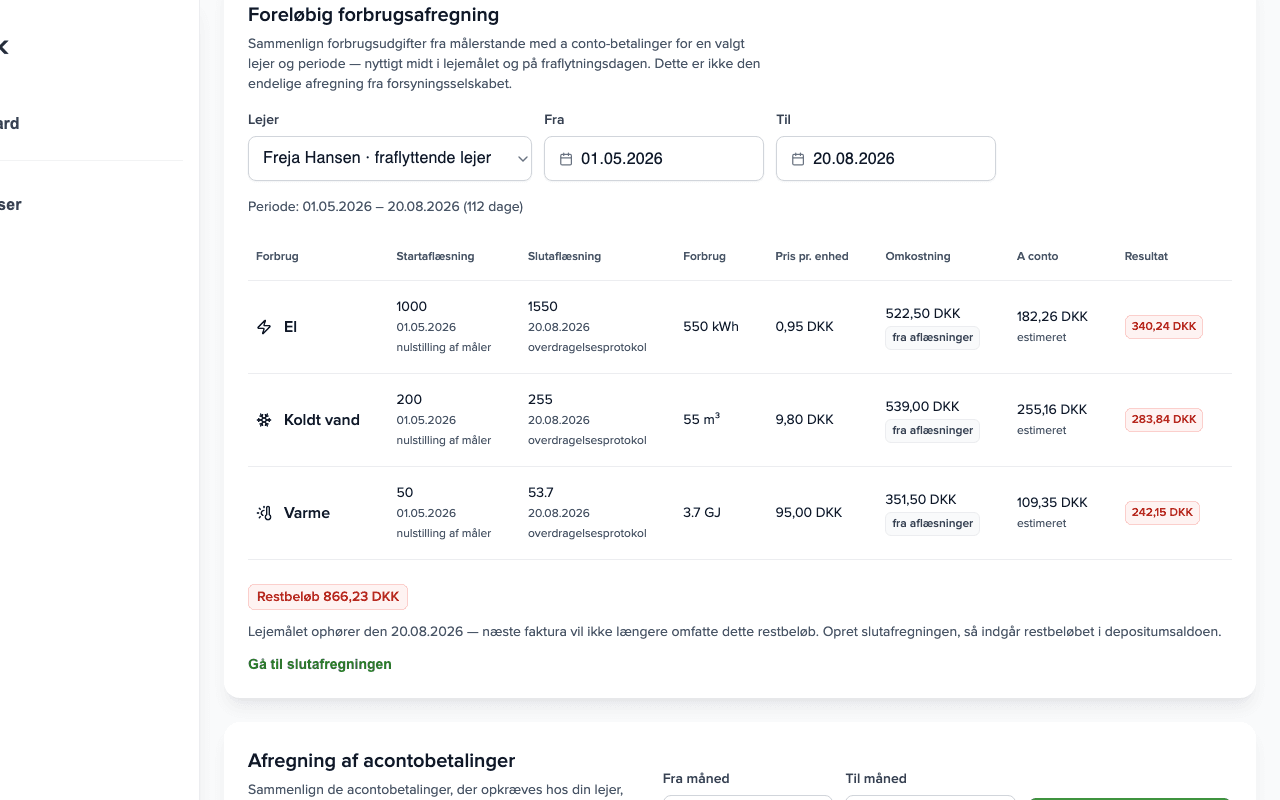 Panel Foreløbig forbrugsafregning: tre forbrugsarter med aflæsninger, omkostning og acontobeløb, resultat Efterbetaling 866,23 DKK og link til slutafregningen