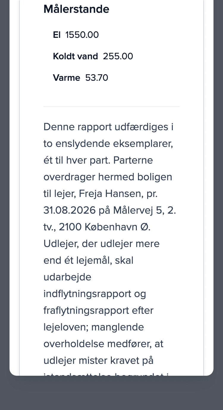 Overtagelsesprotokol på telefonen: afsnittet Målerstande (el, koldt vand, varme) og tomme underskriftsfelter til lejer og ejer