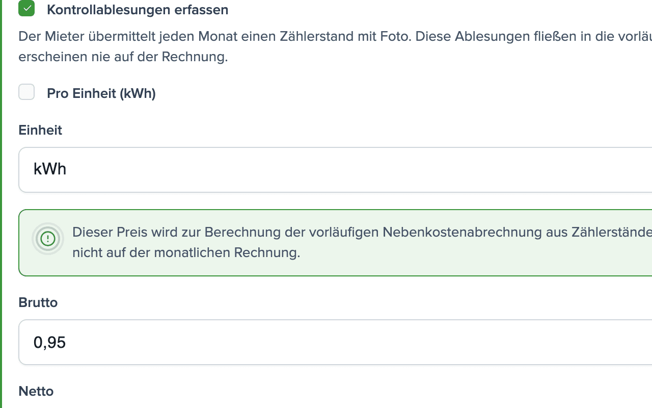 Einstellungen Medium Strom: Kontrollablesungen aktiviert, Einheit kWh, Preis 0,95 € brutto pro kWh