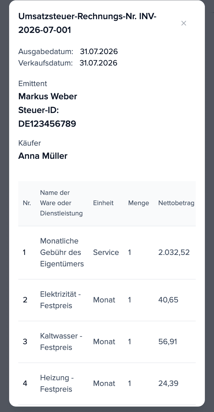 Mieterrechnung mit den Positionen: Miete und Abschlag für Strom